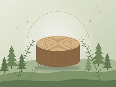 Ilustração de um tronco cortado com anéis, pinheiros e ramos, em tons de verde-musgo e madeira