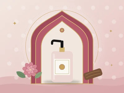 Ilustração de um frasco de loção sob um arco oriental, com rosa e madeira de oud, em tons de rosa-vinho e dourado