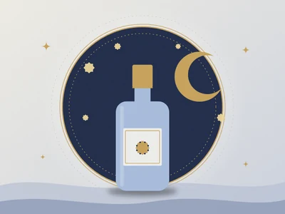 Ilustração de um frasco azul com tampa dourada diante de uma lua crescente e estrelas, em azul-noite e dourado
