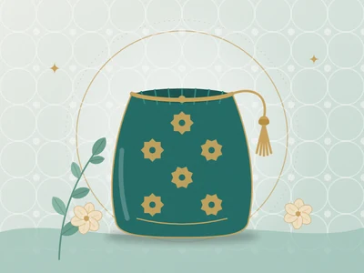 Ilustração de um sachê de tecido verde-esmeralda com estampa de estrelas douradas e borla