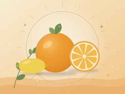 Ilustração de uma laranja, uma fatia e um limão sob raios de sol, em tons de âmbar e laranja