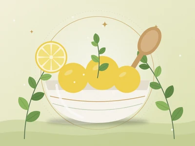 Ilustração de uma tigela com limões, ramos de ervas e colher de pau, em tons de verde e amarelo