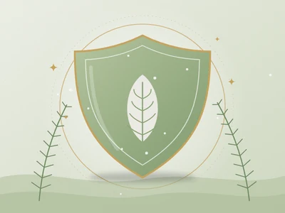 Ilustração de um escudo verde-sálvia com uma folha, símbolo de proteção, entre ramos