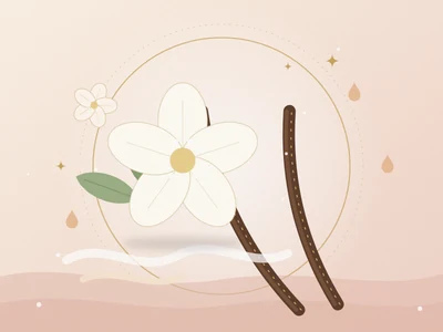Ilustração de uma flor de baunilha com duas favas, em tons de creme e rosa-baunilha