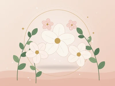 Ilustração de flores de laranjeira brancas entre folhas verdes, em tons de pêssego e rosa