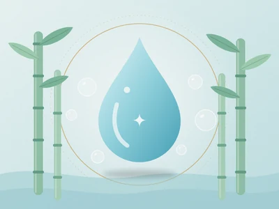 Ilustração de uma gota de água cristalina entre hastes de bambu e bolhas, em tons de azul-água