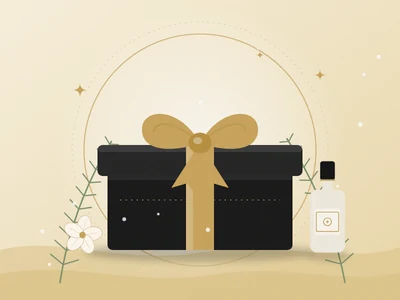 Ilustração de uma caixa de presente preta com laço dourado e um frasco pequeno