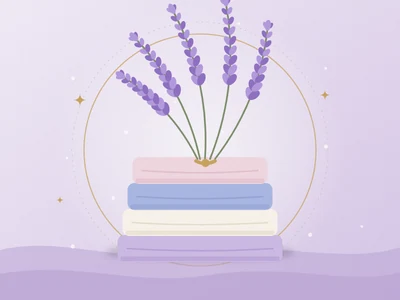 Ilustração de roupas dobradas em pilha com um ramo de lavanda, em tons de lilás