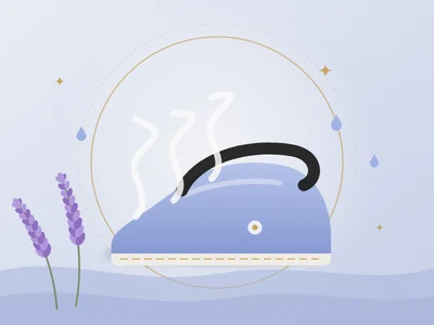 Ilustração de um ferro de passar soltando vapor ao lado de lavanda, em tons de azul-pervinca