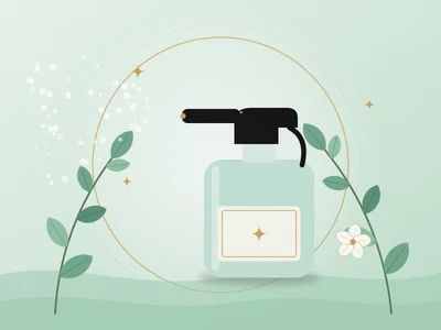Ilustração de um home spray com névoa perfumada e folhas, em tons de verde-menta