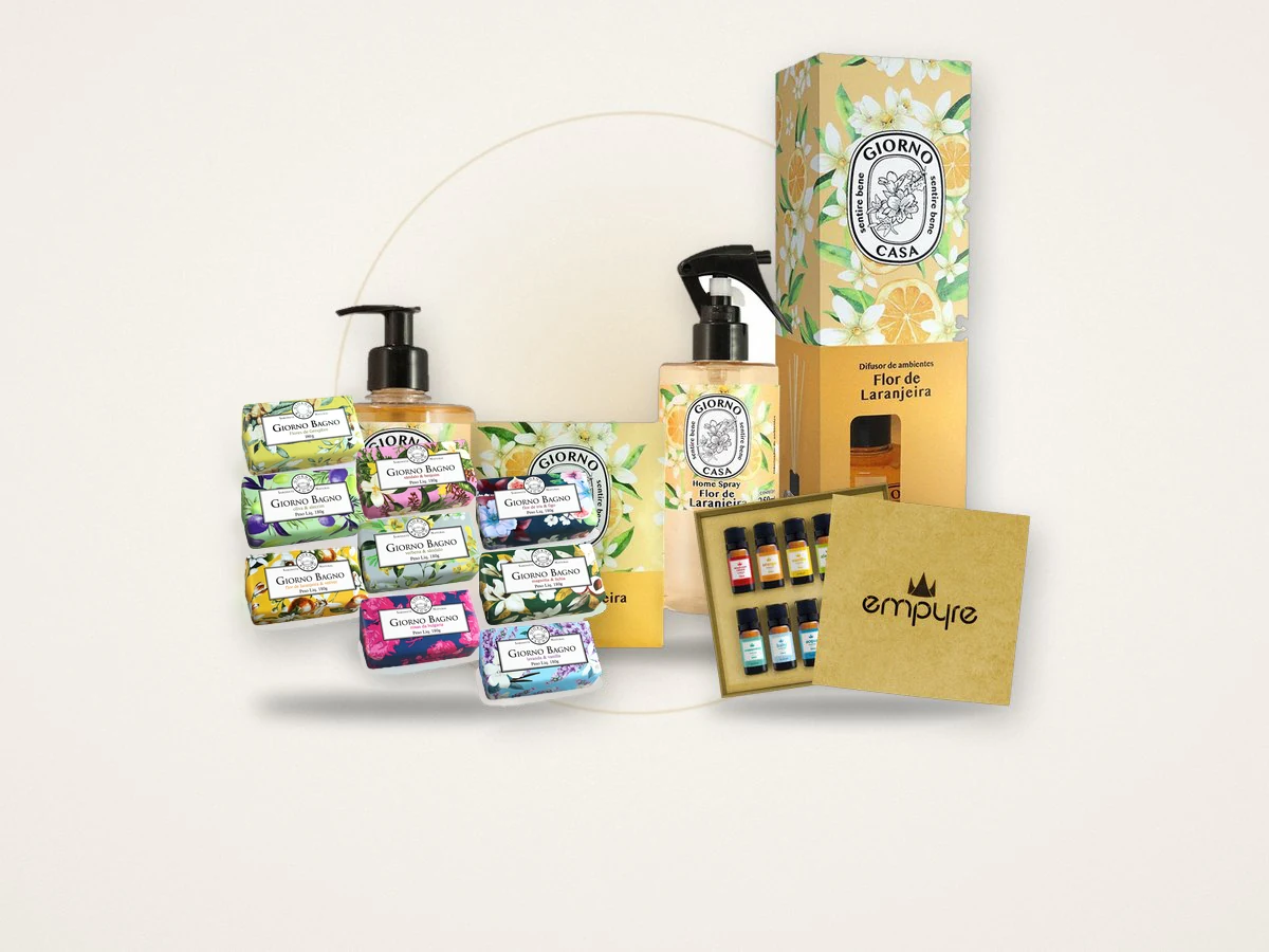 Kits Giorno e Empyre: sabonetes, difusor, home spray e caixa de essências